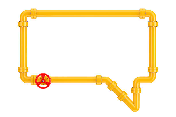 istock Yellow Gas Pipeline with Valve in Shape of Speech or Think Bubble. 3d Rendering 1476201053