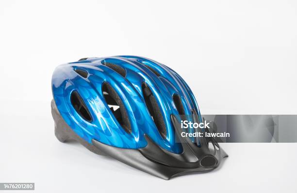 Blue And Black Bicycle Helmet On White Stock Photo - Download Image Now - Cycling Helmet, Crash Helmet, White Background
