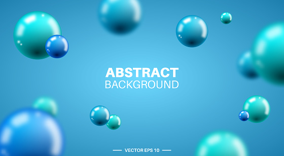 Abstract background of realistic glossy 3d balls, spheres, bubbles. Blue color. Vector EPS 10