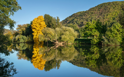 Panoramic image of Moselle river on a autumn day, Rhineland-Palatinate, Germany
