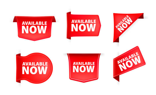 Red ribbon with text available now. Banner ribbon label available now vector art illustration