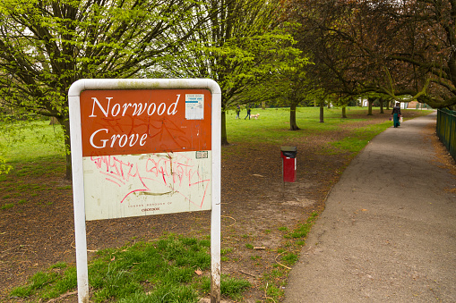 London, UK - 06 April 2019: Norwood Grove, an ornamental urban park in the northern extent of the London Borough of Croydon. Public garden and park.