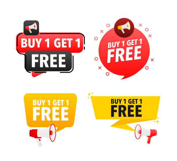 Megaphone label set with text Buy 1 get 1 free. Buy 1 get 1 free announcement banner vector art illustration