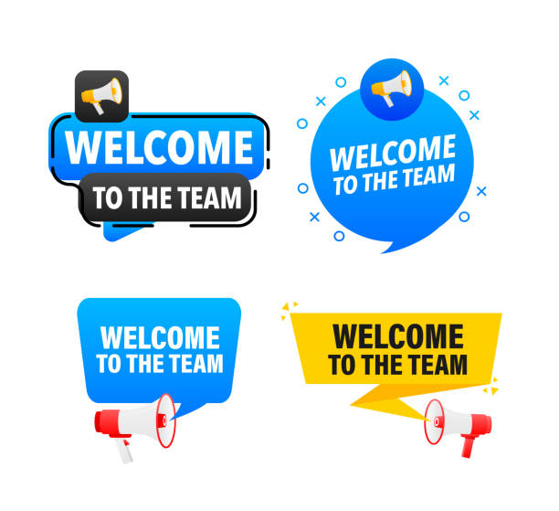 Megaphone label set with text Welcome to the team. Welcome to the team announcement banner vector art illustration