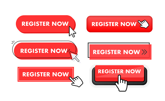Set of Register now button. Hand pointer clicking. Register now web buttons. Vector illustration