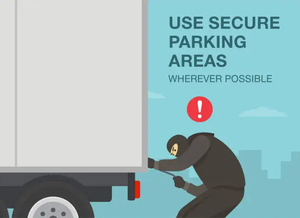 Vector illustration of Heavy vehicle driving rules and tips. Checklist for truck drivers. A thief with a robbery mask trying to open the truck trailer.