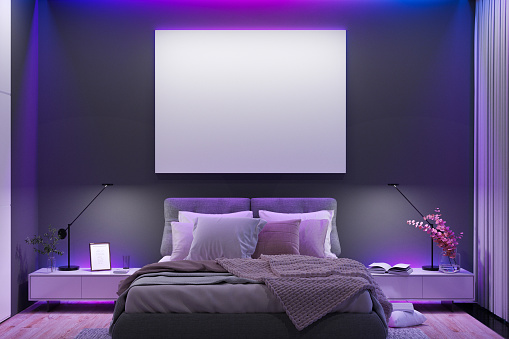 Illustration of modern bedroom with blank canvas on the wall