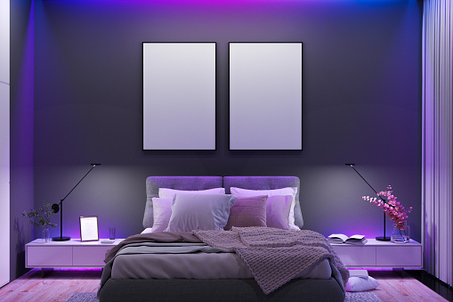 Illustration of modern bedroom with lamps on and lights from the window. Two blank poster mockup on the wall.