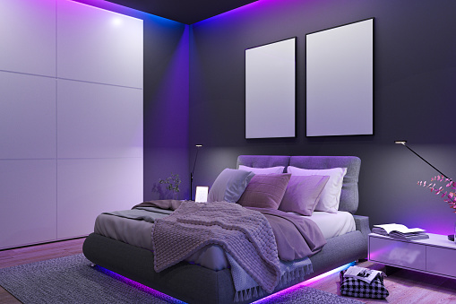 Illustration of modern bedroom with lamps on and lights from the window. Two blank poster mockup on the wall.