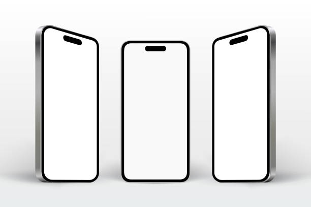perspektivische ansicht der telefonvorlage mit weißem bildschirm ähnlich dem iphone-mockup - iphone mockup stock-grafiken, -clipart, -cartoons und -symbole