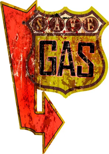 Vector illustration of vintage rusty gas station sign route 66 grungy retro style