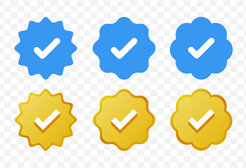 Blue and golden check mark icon. Blue/gold tick logo. Verified checkmark emoji. Verification badge. Verified account symbol similar to twitter.