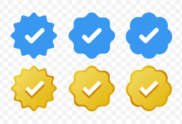 Vector illustration of Blue and golden check mark icon. Blue/gold tick logo. Verified checkmark emoji. Verification badge. Verified account symbol similar to twitter.