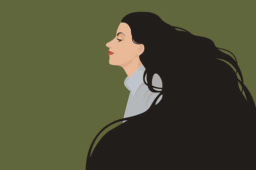 Profile of a young girl in a gray shirt with long brown hair on a green khaki background. The concept of femininity, international women's day 8 March. Vector image, EPS 10.
