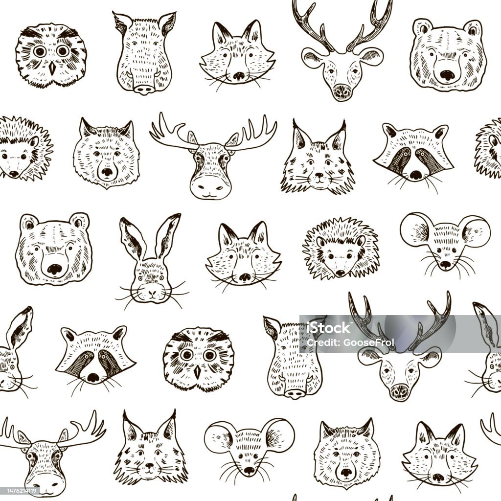 Forest Animals Face Vector Seamless Pattern Stock Illustration ...