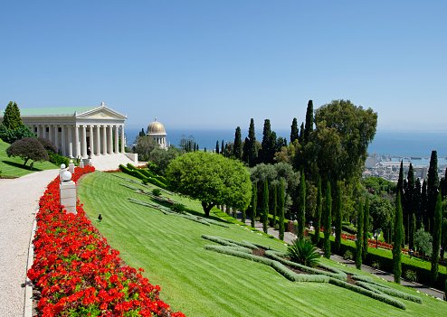 Photo of the Bahai World Centre garden with the International Archives and the Shrine of Bab buildings in Haifa, Israel