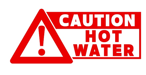Caution hot water, Warning triangle sign. Text by side with white and red colors. White background.