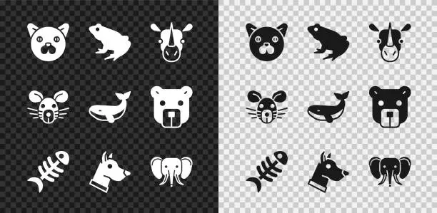 Vector illustration of Set Cat, Frog, Rhinoceros, Fish skeleton, Dog head, Elephant, Rat and Whale icon. Vector