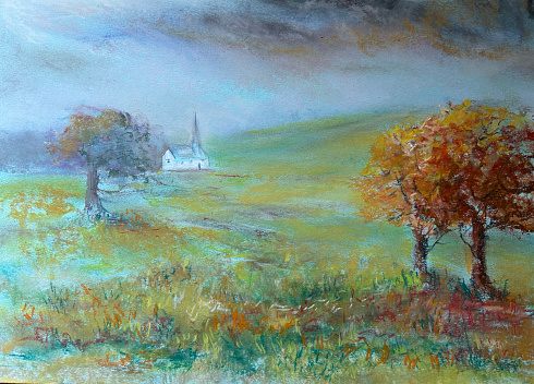 Original painted landscape with autumn trees and a church and hills in the background