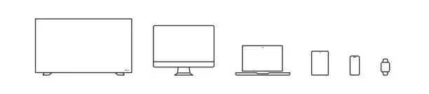 Vector illustration of Device set line icons. Digital screen template: TV, computer, laptop, smartphone and smartwatch. Isolated vector technology illustration