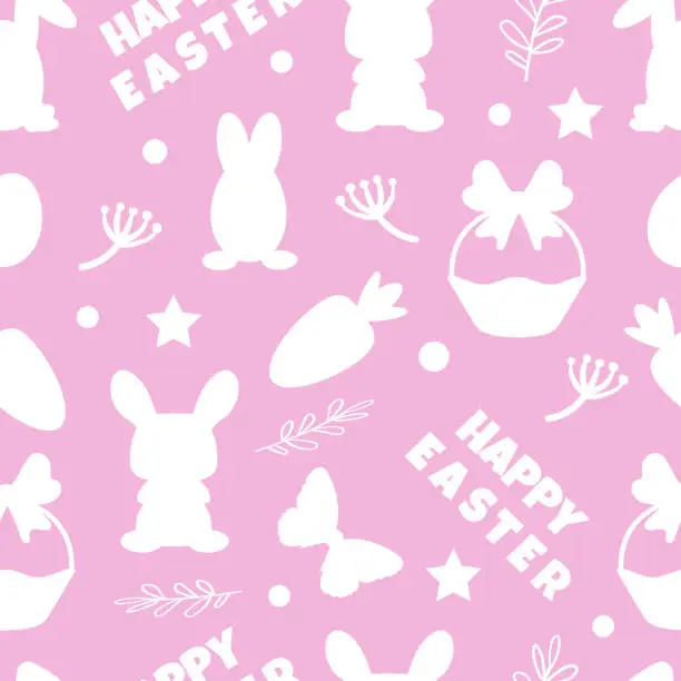 Vector illustration of Cute hand drawn easter seamless pattern with bunnies, flowers, easter eggs, beautiful background, great for easter cards, banners, textiles, wallpapers - vector image