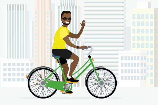 African american man rides bicycle around city. Healthy lifestyle, weekend time, cycling. City view on background. Handsome guy have activity and exercise. Flat vector illustration