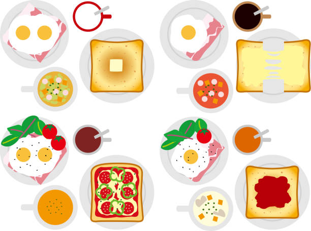 베이컨 계란 식사 p - black tea dishware plate cup stock illustrations
