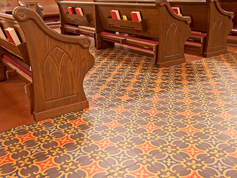 Pews and tiled floor at the Cathedral Basilica of Saint Augustine.