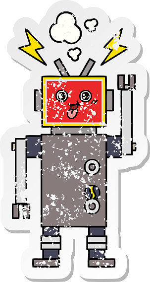 distressed sticker of a cute cartoon crazed robot