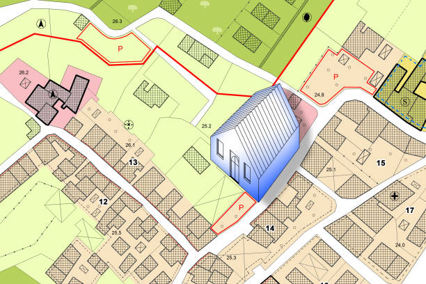 istock Imaginary General Urban Plan of territory with buildings, roads and land parcel - concept with a small house - note: the map is totally invented and does not represent any real place 1476232222