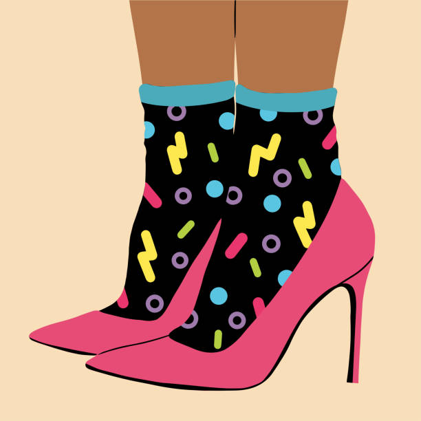 istock Women's legs in high-heeled shoes and funny, multi-colored, fashionable, retro socks. Vector illustration in cartoon style 1476233409
