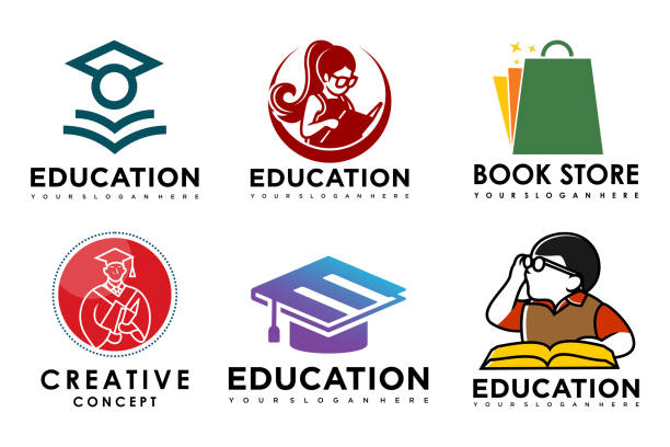 illustrations, cliparts, dessins animés et icônes de ensemble de logo d’éducation et d’apprentissage.livre scolaire,chapeau de diplômé,librairie et étudiant. symboles d’enseignement - professeur(e)