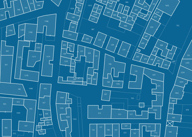 istock Imaginary cadastral map of territory with buildings, roads and land parcel - land registry concept illustration - note: the map background is totally invented and does not represent any real place 1476235408