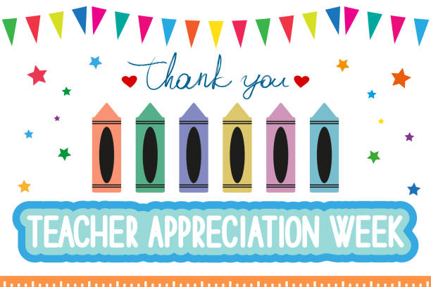 Teacher Appreciation Week school banner. Garland of colored flags, text "thank you", pencils and ruler on a white background, vector. teacher appreciation week stock illustrations