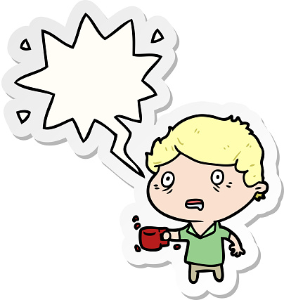 cartoon man jittery from drinking too much coffee with speech bubble sticker