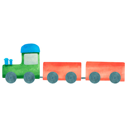 Kids toys. Watercolor illustration of a train. Illustration for children. Separately on a white background. Suitable for cards, invitations, banners, notepads, posters, calendars.