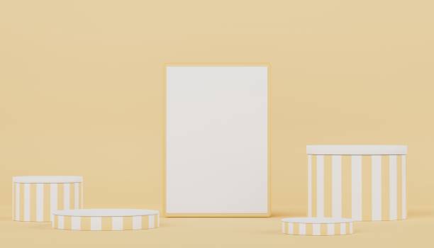 istock Podium for product placement with Retro modern and contemporary design. 3d rendering minimal scene for mock up and showing brand. Pedestal platform for cosmetic advertise. Various of arch simple. 1476249367