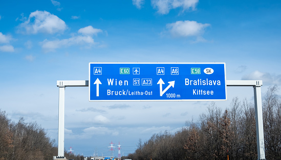 Road signs with directions to cities and Italian border on the Austrian motorway