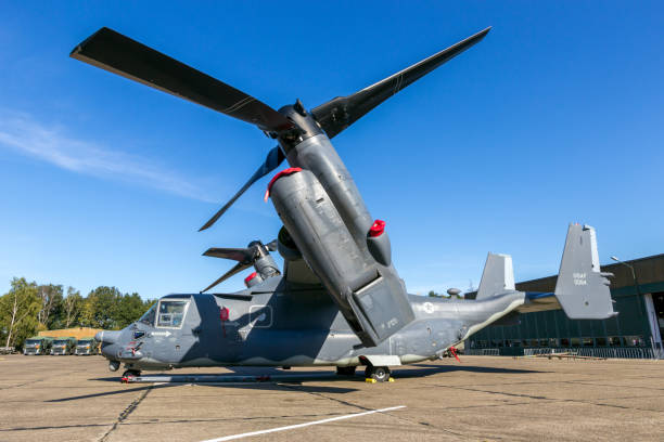 US Air Force Bell Boeing V-22 Osprey tiltrotor plane on the tarmac of Kleine-Brogel Airbase. Peer, Belgium - September 14, 2019
