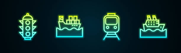 istock Set line Traffic light, Cargo ship with boxes, Train and railway and Cruise. Glowing neon icon. Vector 1476251644