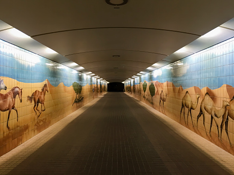 Abu Dhabi, UAE. February 11th, 2016. Pedestrian underpass in downtown Abu Dhabi with murals on tiles about dessert animals.
