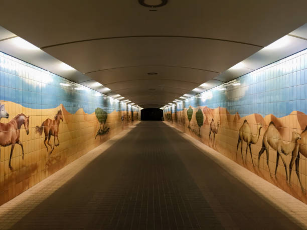 Pedestrian underpass in Abu Dhabi at night stock photo