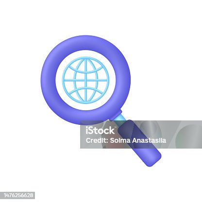 istock 3D Globe hyperlink icon and magnifying glass. Search WWW sign. Web hosting technology. Browser search website page. 1476256628