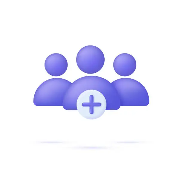 Vector illustration of 3D Add user icon. Create group symbol. New profile account. People icon and plus. Avatar, human, person, people icon.