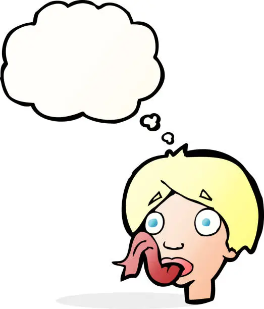 Vector illustration of cartoon head sticking out tongue with thought bubble