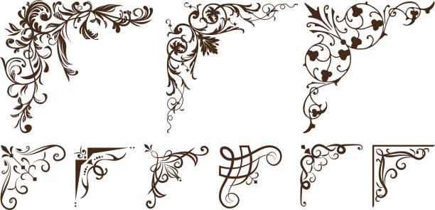 ilustraciones, imágenes clip art, dibujos animados e iconos de stock de adorno de esquina. conjunto vectorial de esquinas florales sobre fondo blanco. - baroque style rococo style single line frame