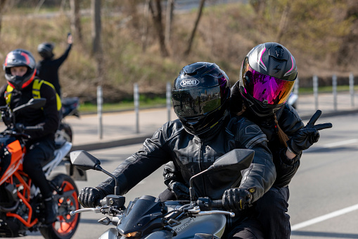 Sofia, Bulgaria - March 25, 2023: A procession of motorcyclists through the streets of Sofia. Official opening of the summer motorcycle season in Sofia, Bulgaria. The motto of this year's edition of the 2023 motorcycle season is \