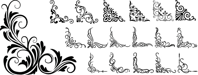 Large set of floral corners, vector ornaments, isolated background