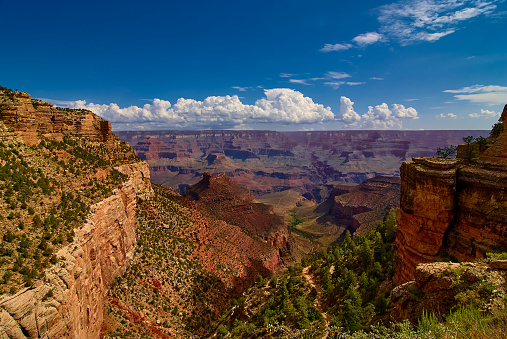 A panoramic view of the Grand Canyon from the trailhead of the Bright Angel Trail near Grand Canyon Village in Arizona, USA