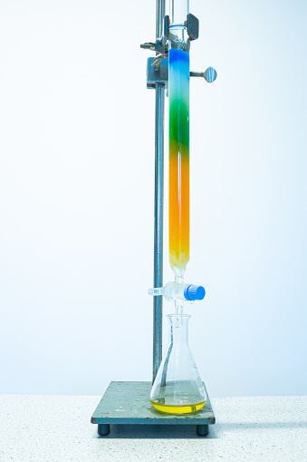 Chromatography tube for separation of a mixture into its components. Used in chemical research, crime scene investigation and in chemistry class.